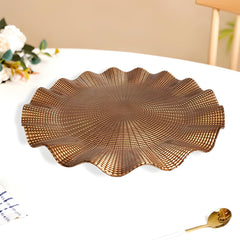 Lemon Tree Brown Glass Flat Round Platter with Wavy Rim | Elegant Textured Serving Dish for Snacks & Desserts