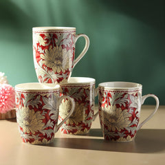 Lemon Tree Red Ceramic Mug Set – 4-Piece 360 ML Fine Porcelain Coffee & Tea Mugs with Stylish Prints