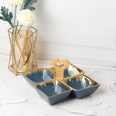 Blue Ceramic Quad-Part Platter with Bamboo Handle & Gold Rim – Stylish Multi-Section Serving Dish