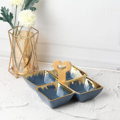 Blue Ceramic Quad-Part Platter with Bamboo Handle & Gold Rim – Stylish Multi-Section Serving Dish