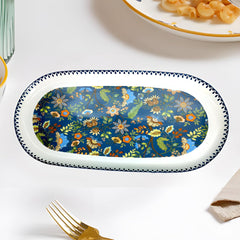 Luxury 13-Inch Oval Fine Porcelain Platter | Navy Blue Floral Print Serving Tray