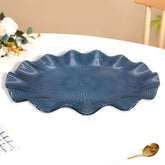 Lemon Tree Blue Textured Glass Oval Platter with Wavy Rim | Elegant Serving & Decorative Tray