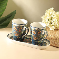 Dark Blue 3-Piece Ceramic Tea & Coffee Mug Set with Snack Platter – Premium Porcelain Gift Set