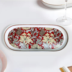 Elegant Ruby Red Floral Oval Porcelain Serving Platter with Maroon Accents