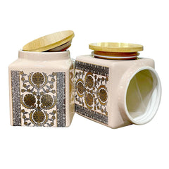 Lemon Tree Off-White Ceramic Storage Jars Set of 2 (1000ml) – Airtight Containers with Wooden Lids for Kitchen & Pantry