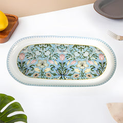 Elegant 13-Inch Fine Porcelain Oval Platter | Blue & Green Floral Decal Print Serving Tray