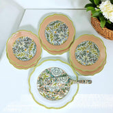 LEMON TREE HJ 1001 Fine Porcelain 8-Piece Cake & Snack Serving Set | Floral Decal Print | Peach & White with Green Accents | Elegant Gift Box