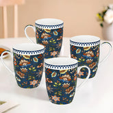 Lemon Tree Dark Blue Ceramic Mug Set – 4-Piece 360 ML Fine Porcelain Tea & Coffee Mugs with Elegant Prints