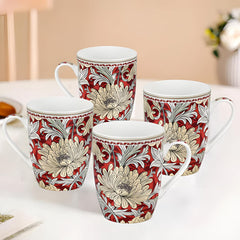 Lemon Tree Red Ceramic Mug Set – 4-Piece 360 ML Fine Porcelain Coffee & Tea Mugs with Stylish Prints