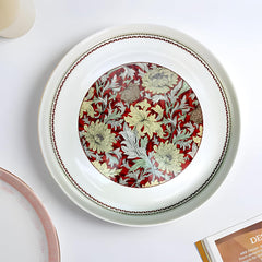 Crimson & Gold Floral Fine Porcelain Dinner Plate with Decorative Border - 10.5 Inch