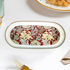 Luxury 13-Inch Fine Porcelain Oval Platter | Red & Gold Floral Print Serving Tray