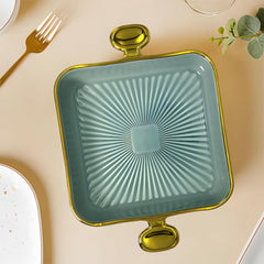 LEMON TREE Blue HH0902 Square Ceramic Snack Platter with Gold Rim & Handles | Stylish Deep Serving Dish| 24 cm