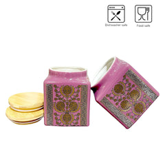 Lemon Tree Pink Ceramic Storage Jars – Set of 2 (1000ml) | Airtight Wooden Lid Containers for Snacks, Dry Fruits & More