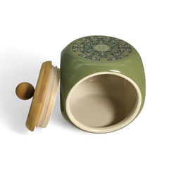Lemon Tree 500ml Airtight Ceramic Jar with Wooden Lid | Elegant Flower Print | Perfect for Snacks, Spices & Dry Fruits (Olive Green)