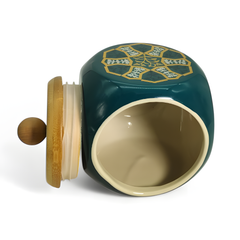 Lemon Tree 500ml Ceramic Storage Jar with Airtight Wooden Lid | Flower Print Green | Perfect for Kitchen Storage & Snacks