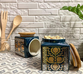 Lemon Tree Blue Ceramic Storage Jar Set of 2 – 1000ml Airtight Containers with Wooden Lids | Glossy Marigold Print Canisters for Snacks, Dry Fruits & Cookies