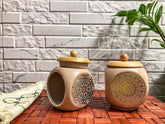 Lemon Tree Off-White Floral Ceramic Canisters – Set of 2 (500ml) | Airtight Wooden Lid Jars for Tea, Coffee, Spices & Snacks