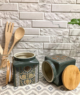 Lemon Tree Grey Ceramic Storage Jar Set of 2 – 1000ml Airtight Kitchen Containers with Wooden Lids | Stylish Marigold Print Canisters for Snacks, Dry Fruits & More