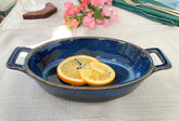 Lemon Tree Blue Ceramic Oval Serving Dish with Handle | 400ml Stoneware Bowl for Snacks & Appetizers | Microwave & Dishwasher Safe