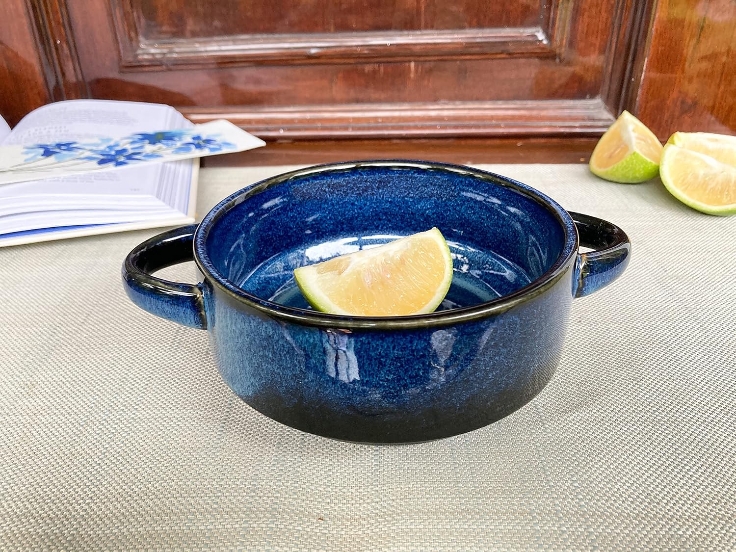 Lemon Tree Blue Ceramic Serving Bowl with Handles 500ml Stoneware Bo