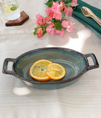 Lemon Tree Green Ceramic Stoneware Serving Bowl | 400ml Oval Dish with Handle | Elegant & Durable Microwave-Safe Tableware