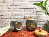 Lemon Tree Grey Floral Ceramic Storage Jars – Set of 2 (500ml) | Airtight Wooden Lid Canisters for Tea, Coffee, Spices & Snacks