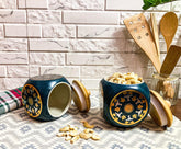 Lemon Tree Blue Floral Ceramic Storage Jars – Set of 2 (500ml) | Airtight Wooden Lid Canisters for Tea, Coffee, Spices & Snacks