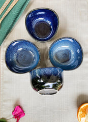 Lemon Tree Set of 4 Stoneware Katori Bowls (250ml) | Elegant Blue Snack & Serving Bowls | Microwave & Dishwasher Safe