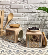 Lemon Tree Off-White Ceramic Storage Jars Set of 2 (1000ml) – Airtight Containers with Wooden Lids for Kitchen & Pantry