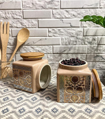 Lemon Tree Off-White Ceramic Storage Jars Set of 2 (1000ml) – Airtight Containers with Wooden Lids for Kitchen & Pantry