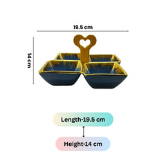 Blue Ceramic Quad-Part Platter with Bamboo Handle & Gold Rim – Stylish Multi-Section Serving Dish
