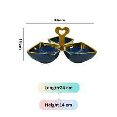 Luxury Blue Ceramic Tri-Part Platter with Bamboo Handle & Gold Rim – 24cm