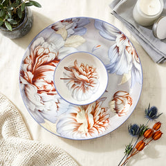 LEMON TREE Ceramic Serving Set: 20cm (8") Deep Round Plate + Mini Dip Bowl - Vibrant Floral Print, Luxe Matt Glaze