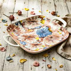 LEMON TREE Ceramic Square Deep Dish Platter with Double Handles - Floral Prints, Luxe Matt Glaze