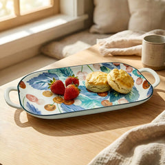 LEMON TREE Ceramic 14inch Rectangular Platter with Double Handles - Cherry Prints, Luxe Matt Glaze