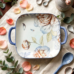LEMON TREE Premium Ceramic Square Deep Dish Platter with Double Handles - Floral Prints, Luxe Matt Glaze