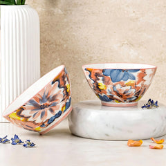 LEMON TREE 2pc Ceramic Medium 4.5" Round Bowl Set - Floral Design Matt Glaze for Snacks, Nuts, Veggies, Savouries & Desserts