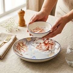 LEMON TREE Ceramic Serving Set: 20cm (8") Deep Round Plate + Mini Dip Bowl - Vibrant Floral Print, Luxe Matt Glaze