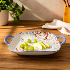 LEMON TREE Premium Ceramic Square Deep Dish Platter with Double Handles - Floral Prints, Luxe Matt Glaze