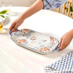 LEMON TREE Ceramic 14inch Rectangular Platter with Double Handles - Floral Prints, Luxe Matt Glaze