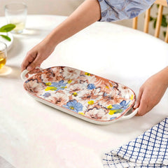 LEMON TREE Ceramic 14inch Rectangular Platter with Double Handles - Floral Pink Prints, Luxe Matt Glaze
