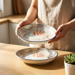 LEMON TREE 2pc Premium Ceramic 18cm Deep Round Lemon Tree Plate - Vibrant Floral Print, Luxe Matt Glaze
