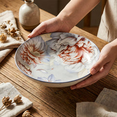 LEMON TREE Single Premium Ceramic 20cm Deep Round Serving Plate - Vibrant Floral Prints