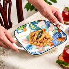 LEMON TREE Premium Ceramic Square Deep Dish Platter with Double Handles - Cherry Prints, Luxe Matt Glaze