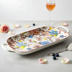 LEMON TREE Ceramic 14inch Rectangular Platter with Double Handles - Floral Pink Prints, Luxe Matt Glaze