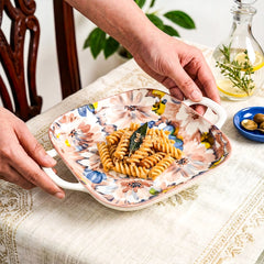 LEMON TREE Ceramic Square Deep Dish Platter with Double Handles - Floral Prints, Luxe Matt Glaze