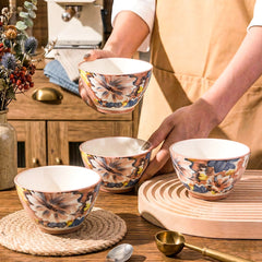 LEMON TREE 4pc Ceramic 4.5" Round Bowl Set - Vibrant Floral Prints | Ultimate for Snacks, Nuts, Veggies, Savories & Desserts