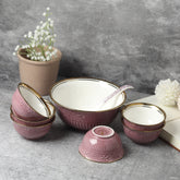 Charming Pink & Gold 8-Piece Embossed Ceramic Dessert & Pudding Set | Elegant Gift Box Packaging