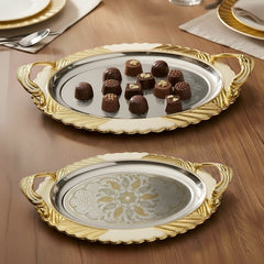 LEMON TREE 2pc German Silver Plated Oval Metal Serving Tray Set - Gold & Silver Glossy Finish | Rust-Proof for Festive Gift Box