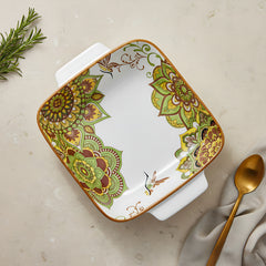 Lemon Tree Green Ceramic Matte Finish Square Deep Dish Platter with Double Handles – Stylish & Versatile Serveware